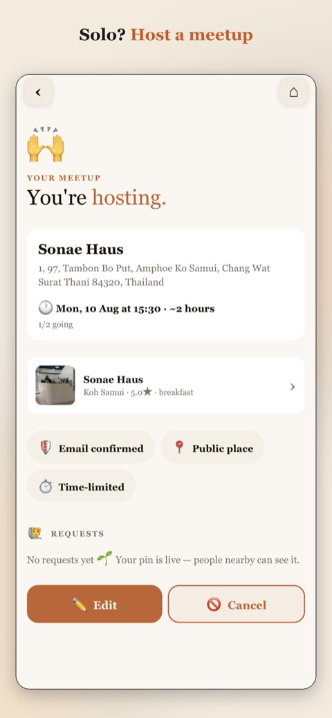Roamadi app: hosting a meetup at a place with time and group size