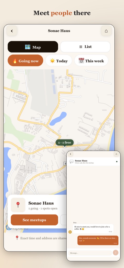 Roamadi app: a place's meetup list showing travellers going there