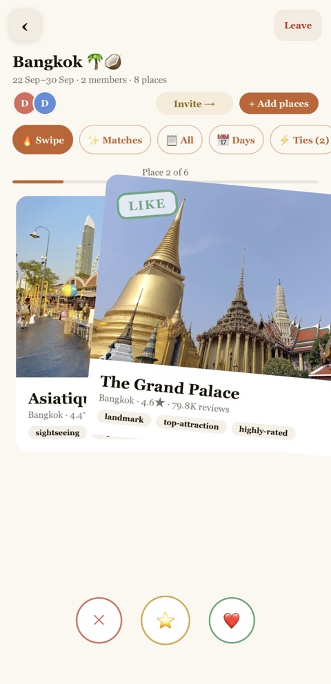 Roamadi group trip: swiping right on The Grand Palace shows a LIKE stamp; the group's 8 places, place 2 of 6