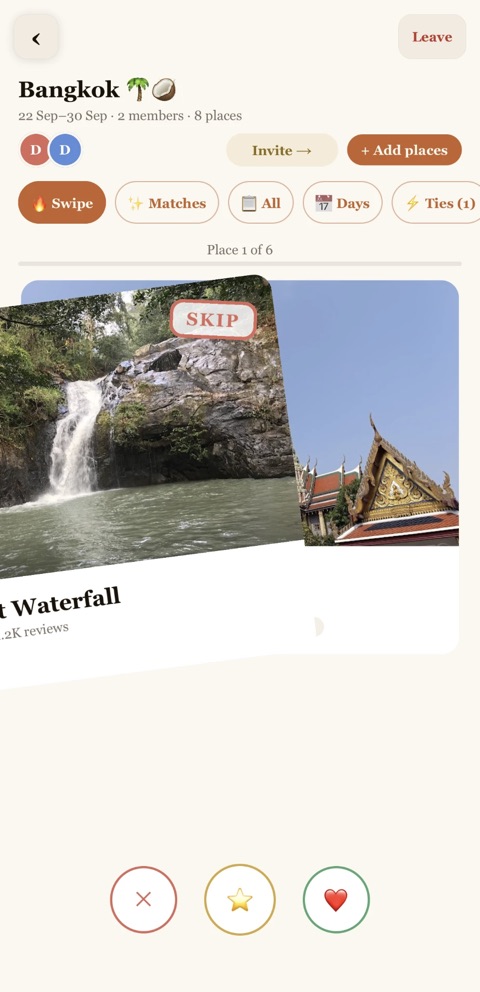 Swiping left on a waterfall card shows a SKIP stamp
